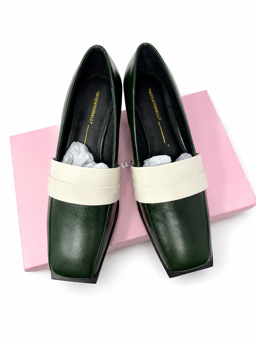 NWB Intentionally Blank Pep Forest White Loafer Heels Square Toe Leather Mules 8